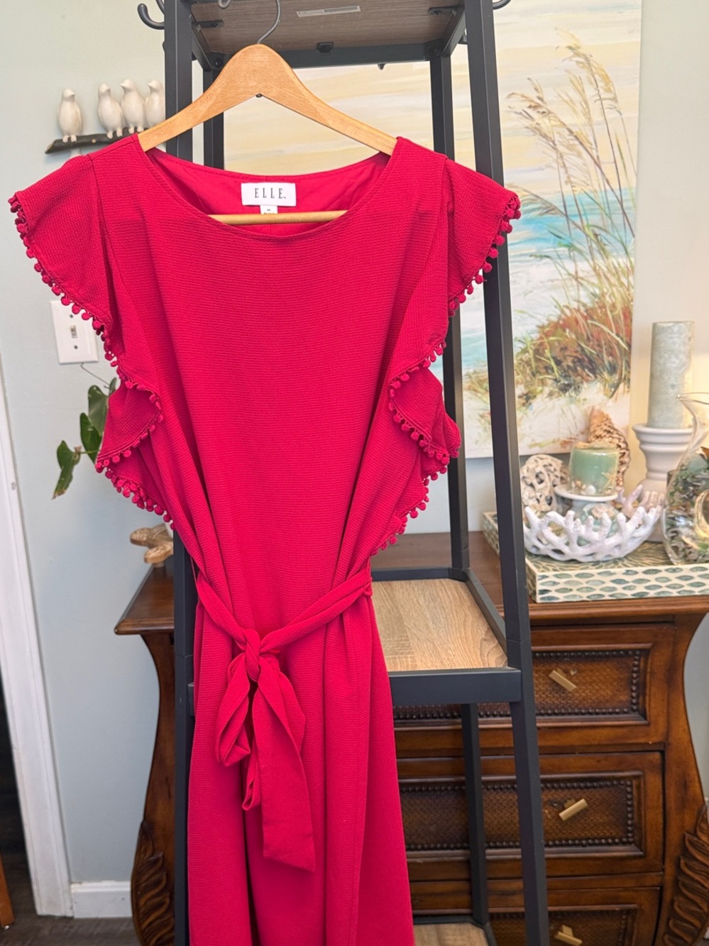 Elle Bright Red Tie-Waist Ruffle Sleeve Dress